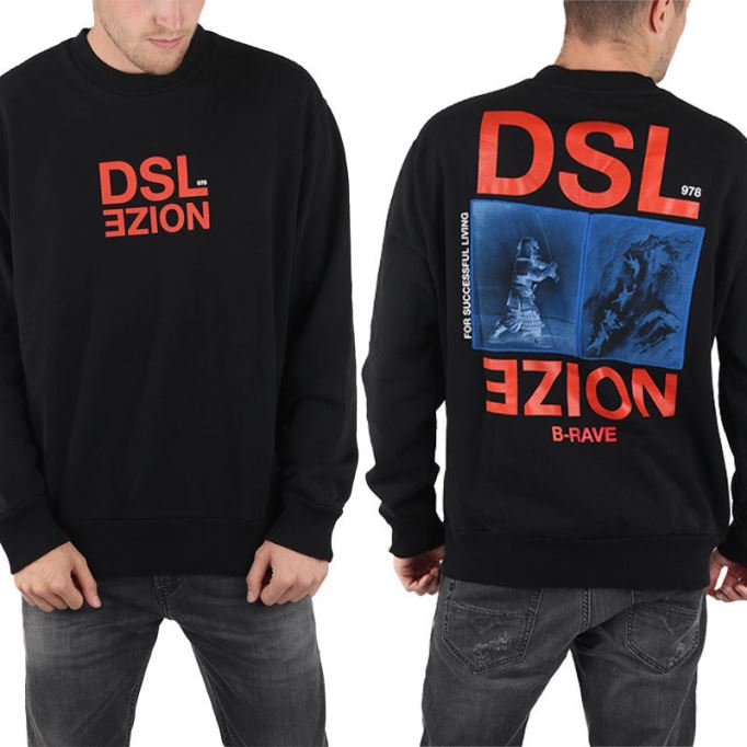 S Bay Xa メンズ プルオーバー スウェットシャツ ブラック クルーネック カジュアル アウター ディーゼル