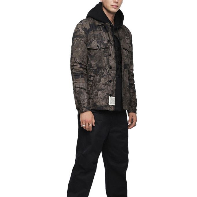 S Late Padd A メンズ シャツ ジャケット 解析プリント カジュアル カモフラージュ コート ディーゼル