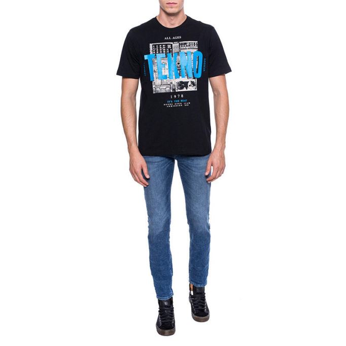 ブラック/オレンジ/ホワイト ディーゼル T ジャスト ワ メンズ Tシャツ 半袖 クルーネック カジュアル コットン ティー トップ プリント