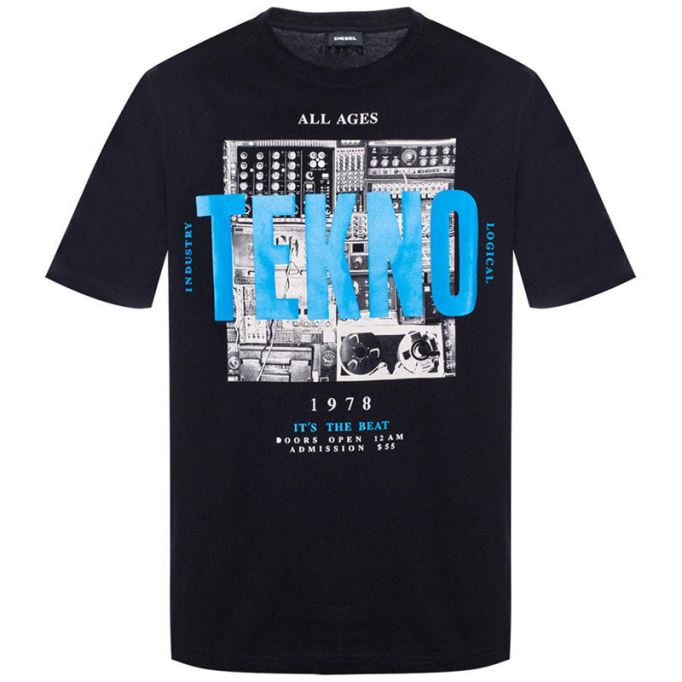ブラック/オレンジ/ホワイト ディーゼル T ジャスト ワ メンズ Tシャツ 半袖 クルーネック カジュアル コットン ティー トップ プリント