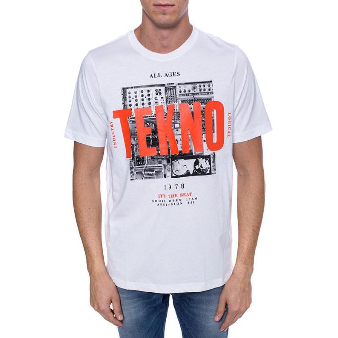 ブラック/オレンジ/ホワイト ディーゼル T ジャスト ワ メンズ Tシャツ 半袖 クルーネック カジュアル コットン ティー トップ プリント