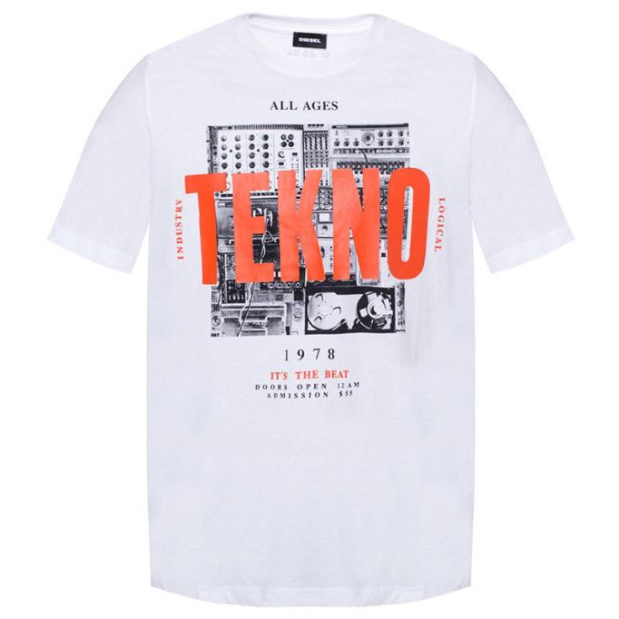ブラック/オレンジ/ホワイト ディーゼル T ジャスト ワ メンズ Tシャツ 半袖 クルーネック カジュアル コットン ティー トップ プリント
