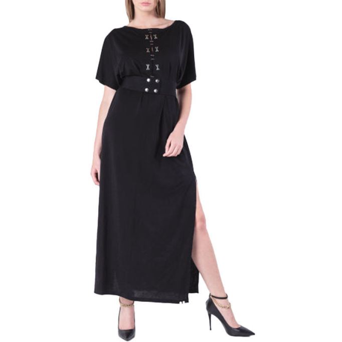 D Alba レディース ロングドレス ラウンドネック マキシメタル パーティー ウェアトップ ベルト ブラック ディーゼル