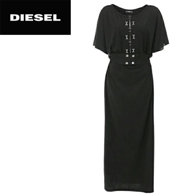 D Alba レディース ロングドレス ラウンドネック マキシメタル パーティー ウェアトップ ベルト ブラック ディーゼル