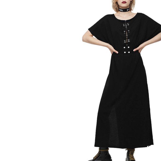 D Alba レディース ロングドレス ラウンドネック マキシメタル パーティー ウェアトップ ベルト ブラック ディーゼル