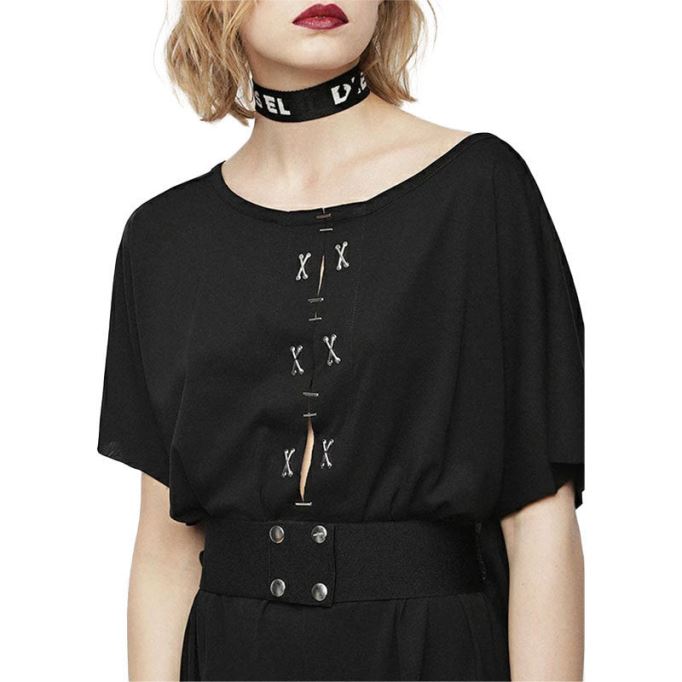 D Alba レディース ロングドレス ラウンドネック マキシメタル パーティー ウェアトップ ベルト ブラック ディーゼル