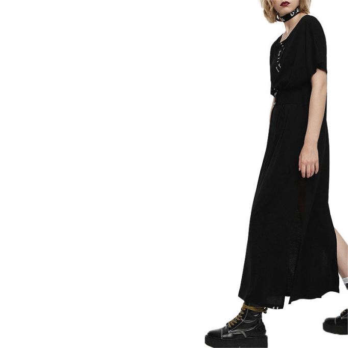 D Alba レディース ロングドレス ラウンドネック マキシメタル パーティー ウェアトップ ベルト ブラック ディーゼル