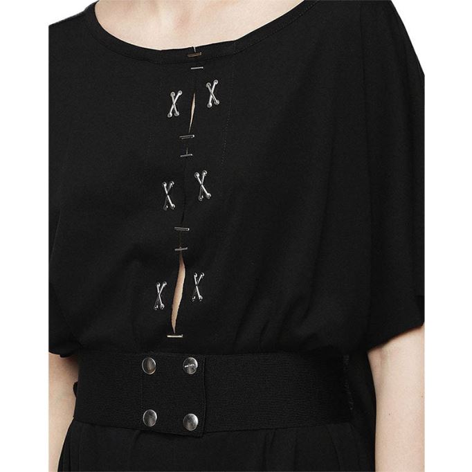 D Alba レディース ロングドレス ラウンドネック マキシメタル パーティー ウェアトップ ベルト ブラック ディーゼル