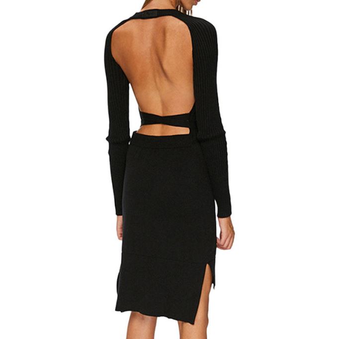 M String 0lasu オープン レディース ドレス バック コットン ブラック カジュアル 冬 ロングトップ ディーゼル