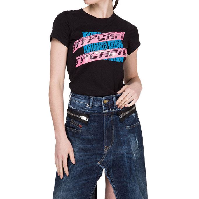 T Supery レディース Tシャツ クルーネック 半袖 スリムフィット カジュアル トップス ブラック ディーゼル