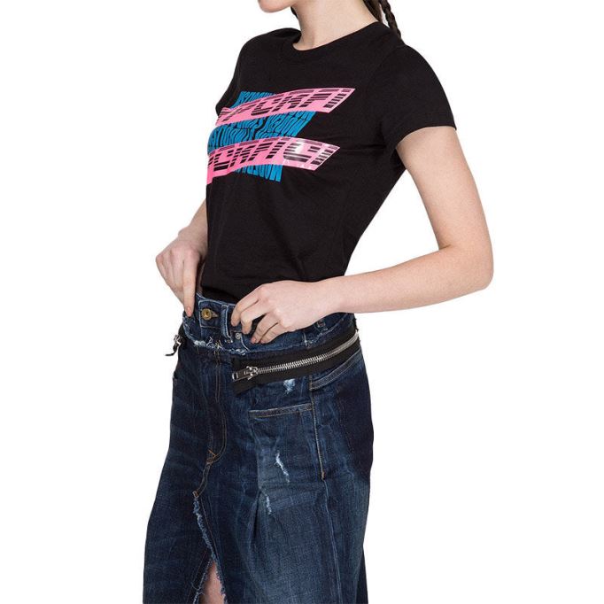 T Supery レディース Tシャツ クルーネック 半袖 スリムフィット カジュアル トップス ブラック ディーゼル