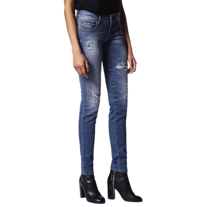 Grupee 0679c レディース ジーンズ スーパー スリム フィット ディストレスト カジュアル ブルー デニム パンツ ディーゼル