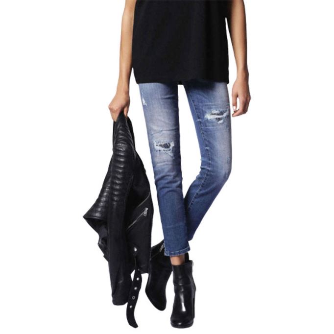 Grupee 0679c レディース ジーンズ スーパー スリム フィット ディストレスト カジュアル ブルー デニム パンツ ディーゼル